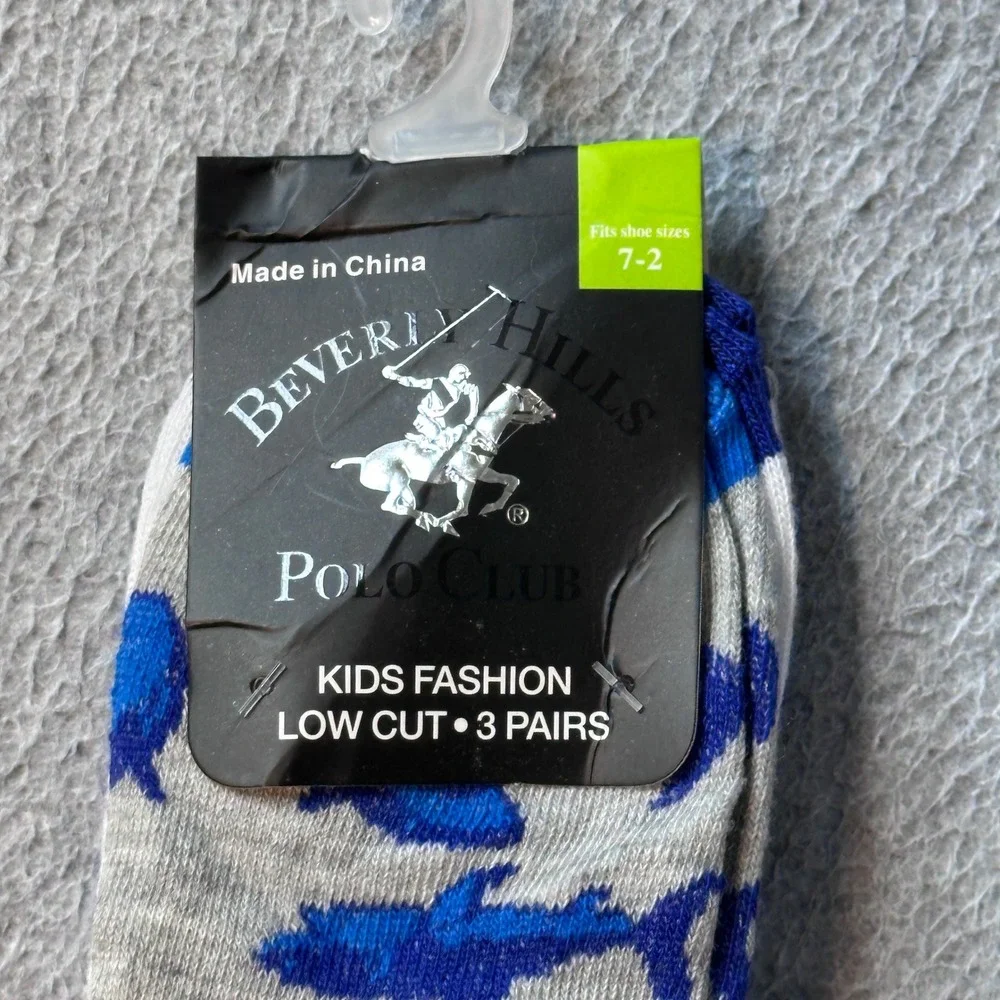 Beverly Hills Polo Club Socks Kids 7-2 Blue Shark Plaid Low Cut 3 Pairs NWT